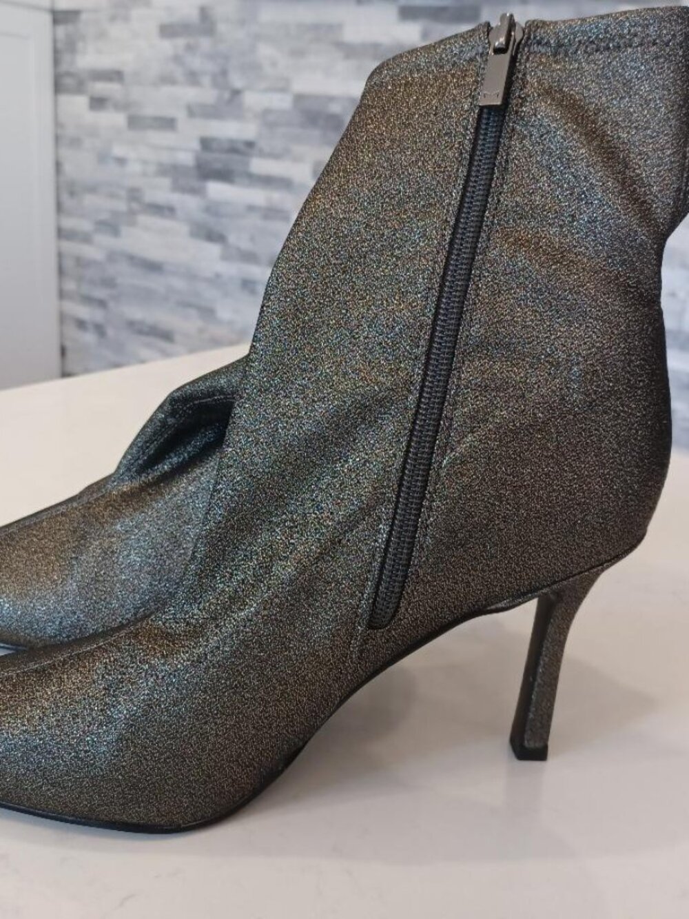 Marc Fischer LTD Kellen  Shimmery Pewter Pointed Toe Zippered Bootie 10 4" Heel